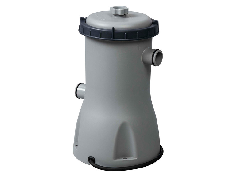 Een grijs zwembadfilter met een zwarte deksel.