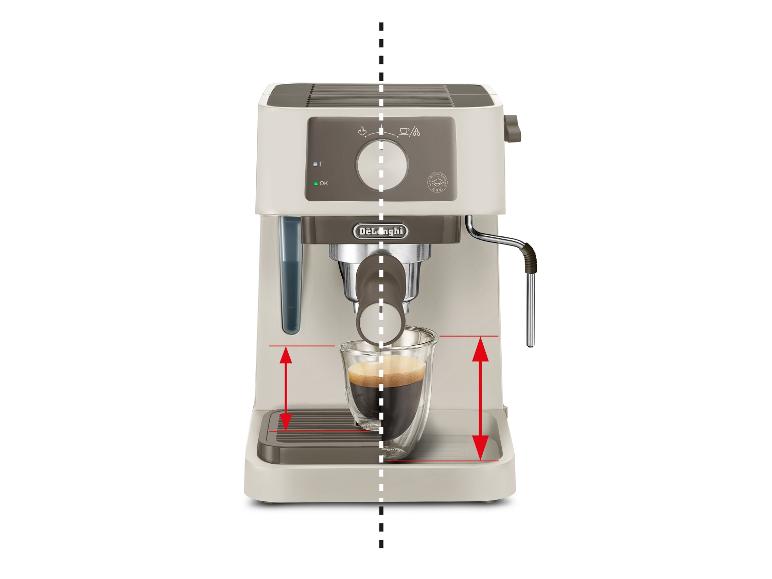Espressomachine met een kop koffie en verstelbaar dienblad.