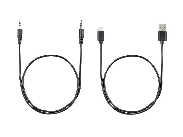 Twee zwarte kabels: één met 3,5 mm jackpluggen, één met USB-C en USB-A.