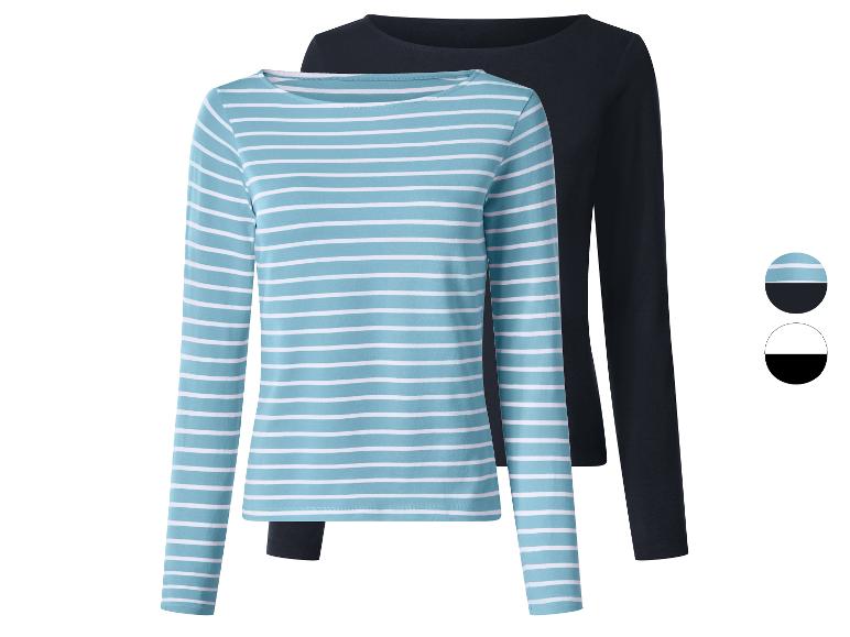Twee dames longsleeves: één gestreept turquoise en wit, en één zwart.