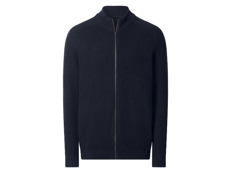 Donkerblauw gebreid herenvest met rits en opstaande kraag.