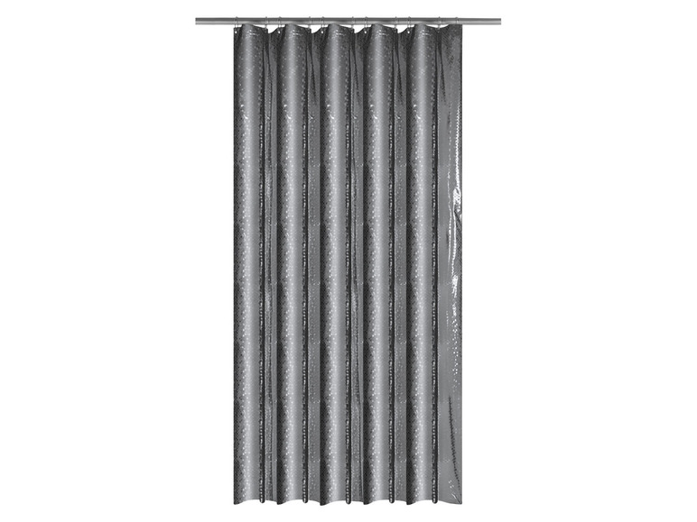Een grijze douchegordijn met een subtiel patroon.