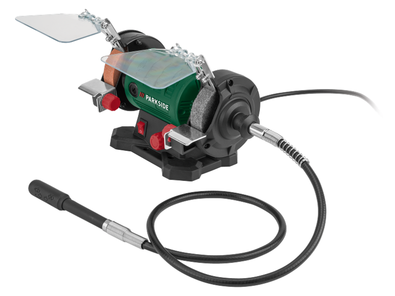 Tafelslijpmachine met flexibele as en transparante beschermkappen.
