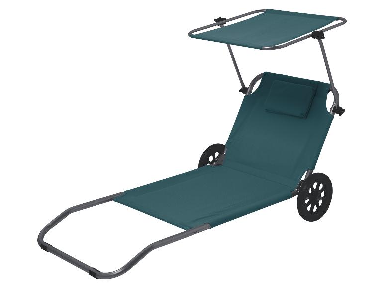 Petrolkleurige strandtrolley met wielen, verstelbare rugleuning en zonnescherm