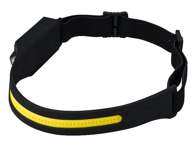 Een zwarte hoofdlamp met een gele LED-strip.