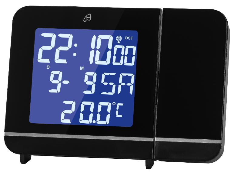 Zwarte digitale wekker met projector en LCD-scherm.