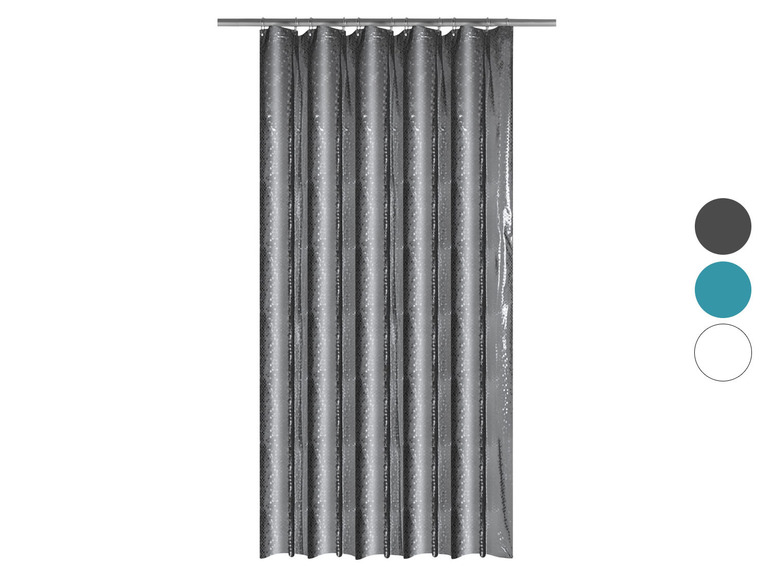 Een grijze douchegordijn met stippenpatroon.