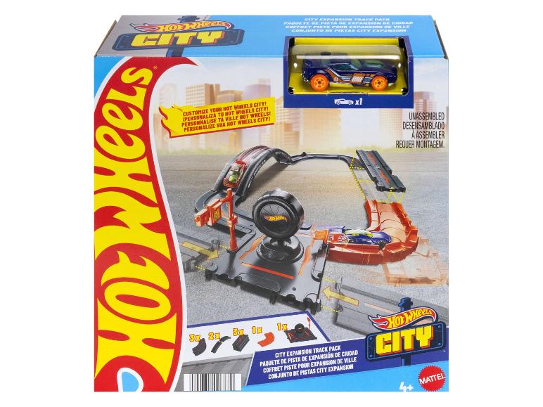 Hot Wheels City Expansion Track Pack met blauwe auto en baanstukken.