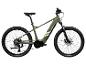 Olijfgroene elektrische mountainbike met gouden en witte accenten, voorzien van offroad-banden.