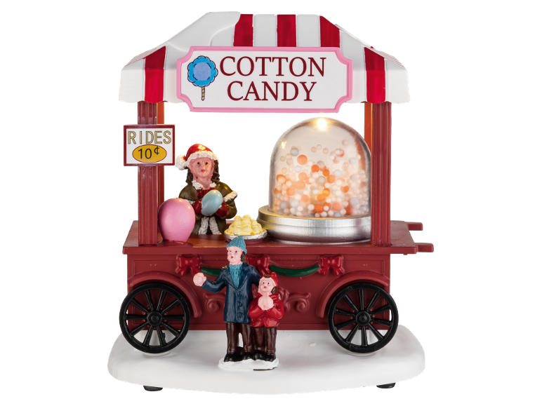 Decoratieve suikerspinwagen met figuren en de tekst 'Cotton Candy'.
