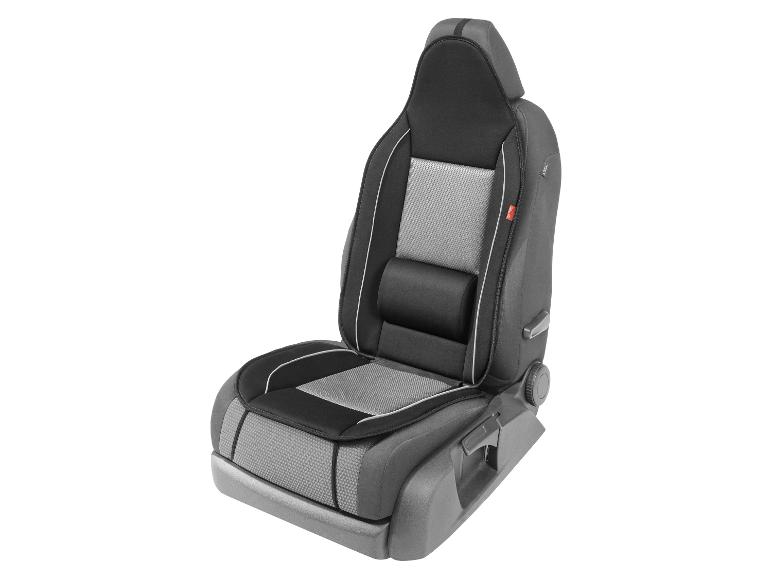 Zwarte en grijze autostoelhoes met geïntegreerde hoofdsteun.