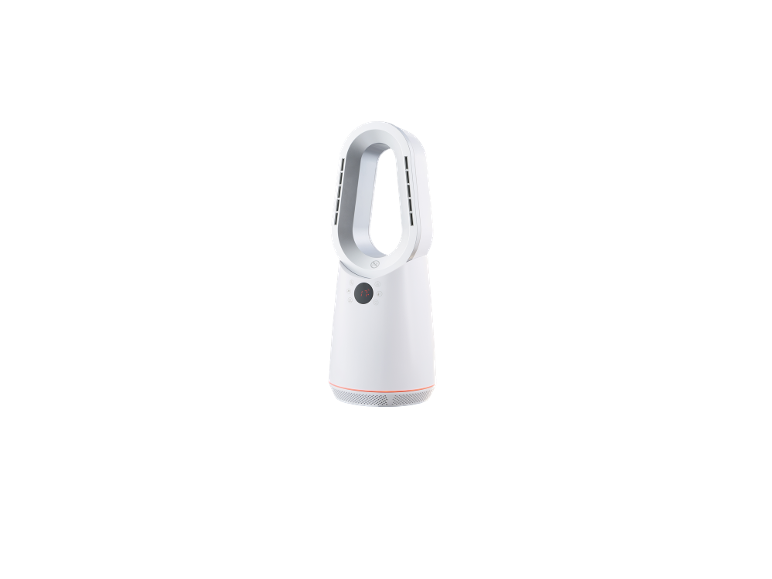 Witte bladeless ventilator met digitaal display dat '17' toont