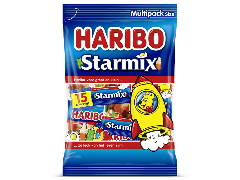 Haribo Starmix Minis multipack met 15 minizakjes fruitgums.