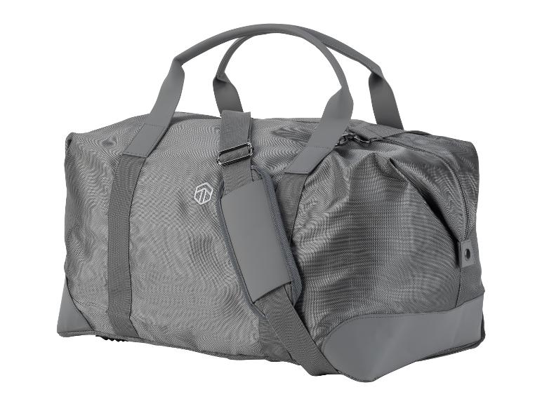 Een grijze reistas met een schouderband.