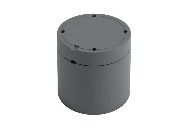 Donkergrijze cilindrische behuizing voor elektronica.