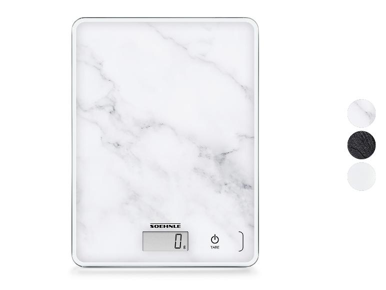 Keukenweegschaal met marmerpatroon, digitaal display en aanraakknoppen.