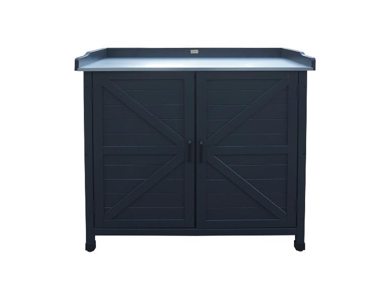 Donkerblauwe buitenkast met twee deuren en werkblad, met 'HABAU' logo.