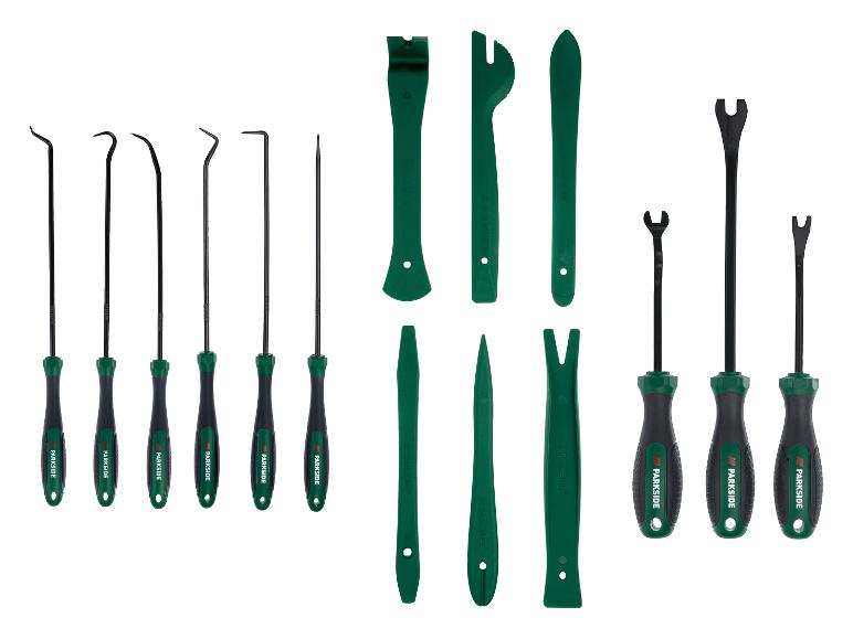 PARKSIDE gereedschapskit met 6 precisiepriemen, 6 bekledingsverwijderaars en 3 stoffeerverwijderaars.