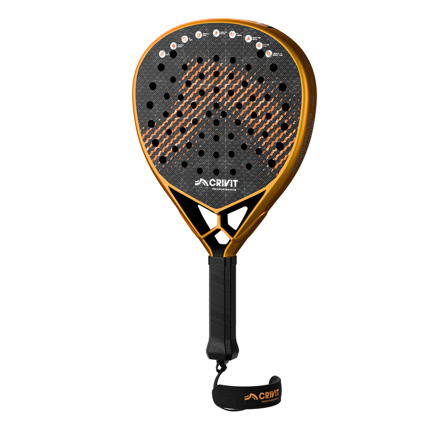 CRIVIT Performance Padelracket Hybrid Pro Evo 18K Carbon (oranje/zwart/zilver)