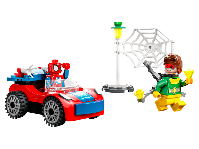 LEGO Spider-Man auto, web en minifiguren van Spider-Man en Green Goblin.