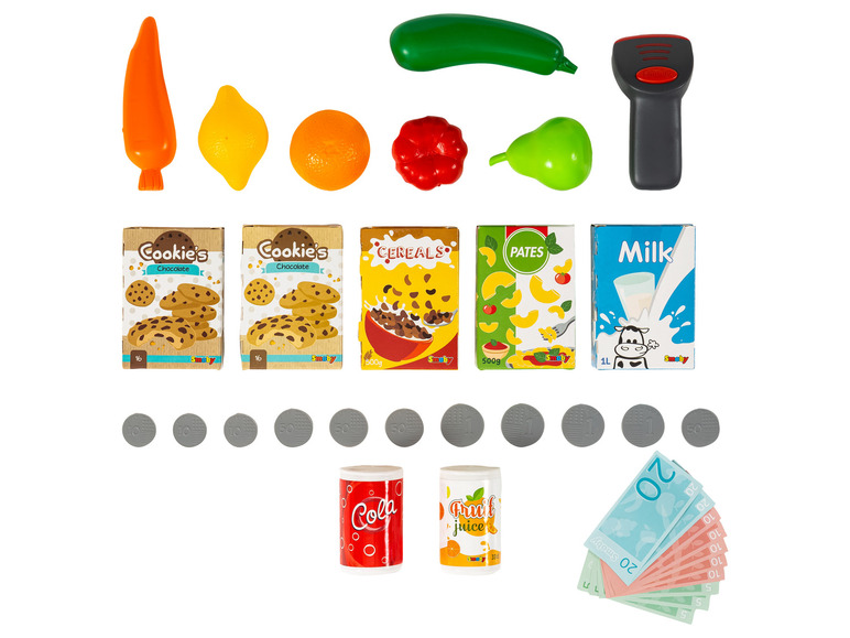 Speelgoed eten, waaronder koekjes, ontbijtgranen, pasta en melk, met speelgoed geld en een scanner.