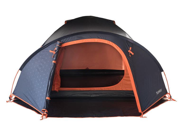 Een blauwe Tambu tent met oranje details, opengevouwen