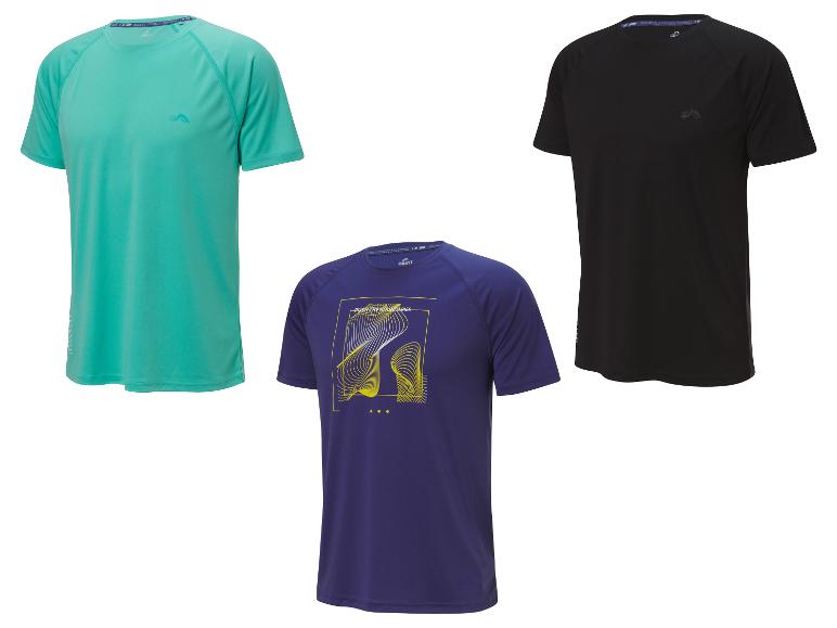 Drie Crivit T-shirts voor heren, één in turquoise, één in zwart en één in paars met een geometrisch patroon.