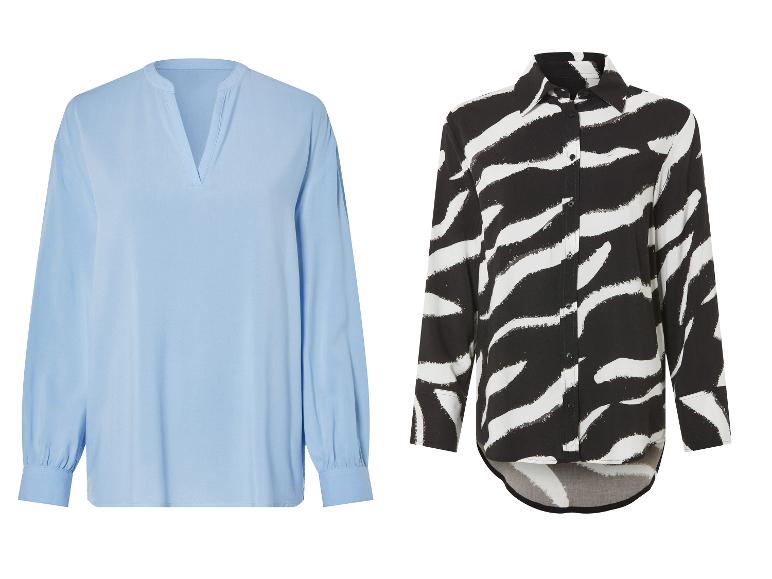 Langarm blouses: een lichtblauwe effen blouse en een zwart-wit zebraprint blouse.