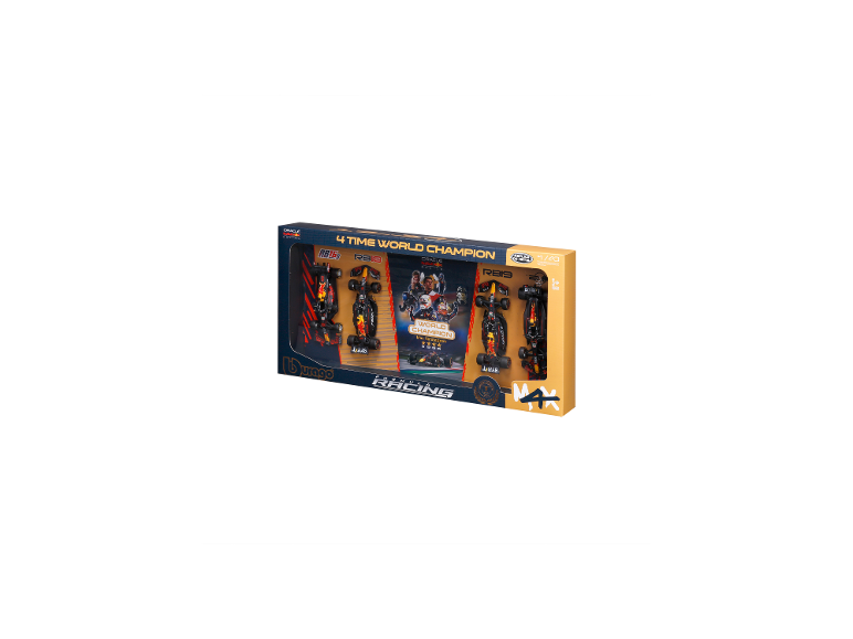 Vier miniatuur raceauto's in een doos, ter ere van een 4-voudig wereldkampioen.