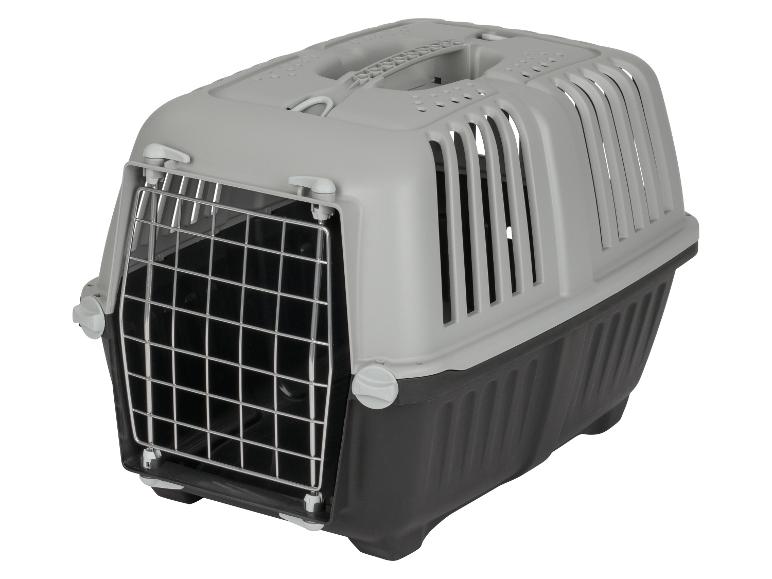 Grijze dierenreismand met metalen deur en handvat.