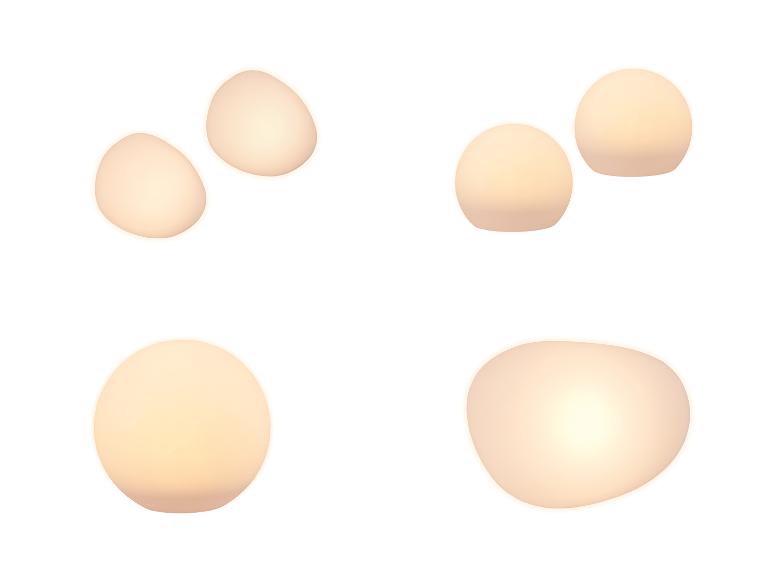 Vier groepen lichtgevende, eivormige armaturen op een witte achtergrond.