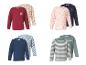 Vier sets van twee kinderlongsleeves, met bloemen-, harten-, auto- en streepmotieven.