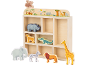 Houten plank met safarithema en dierenfiguren zoals olifant, zebra, leeuw en giraf.