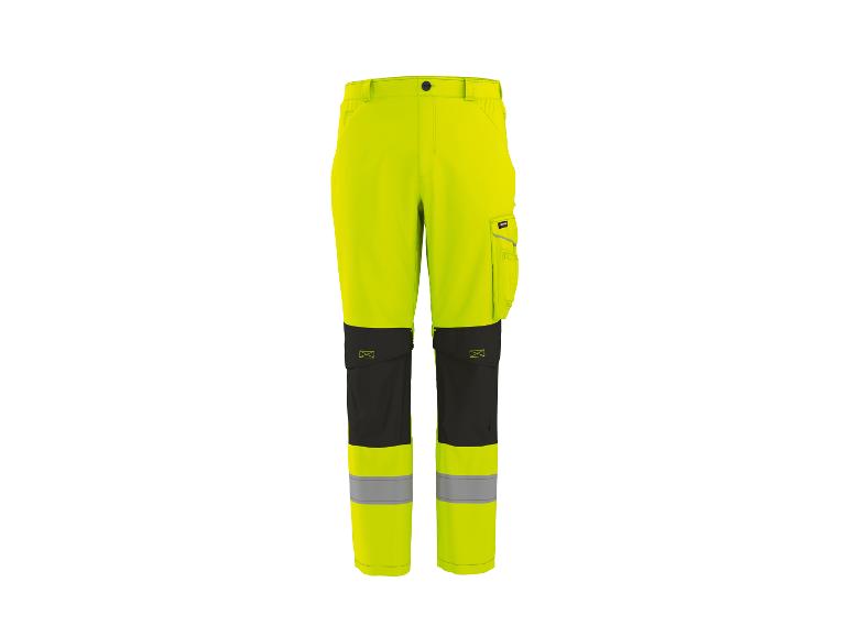High-visibility werkbroek in neongeel met zwarte kniestukken en reflecterende strepen.