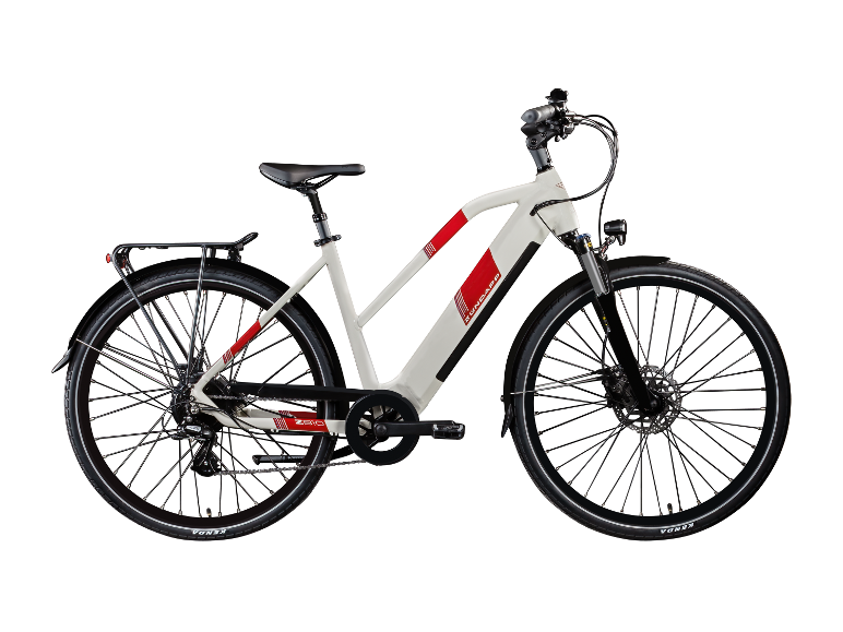 Een beige Zündapp Z810 e-bike met rode accenten.