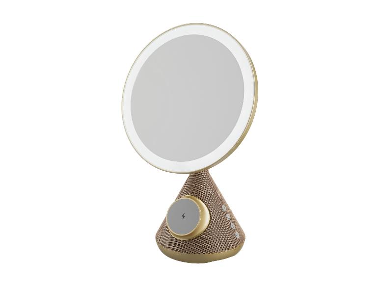 Verlichte make-upspiegel met draadloos oplaadstation en luidspreker.