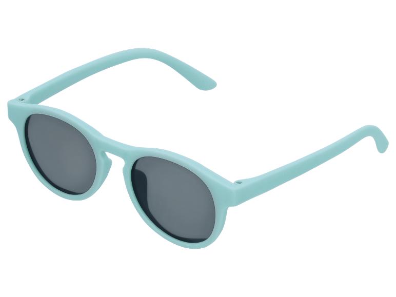 Hemelsblauwe kinderzonnebril met donkere glazen.