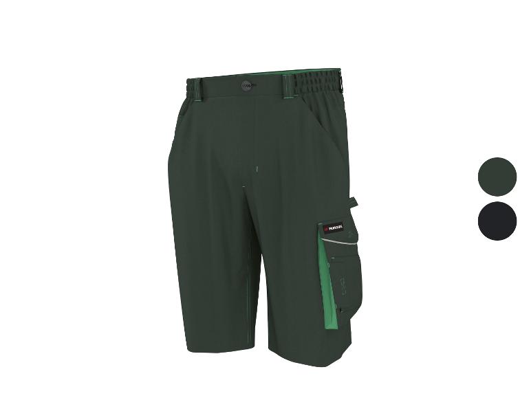 Donkergroene werkshorts met groene accenten en cargozakken.