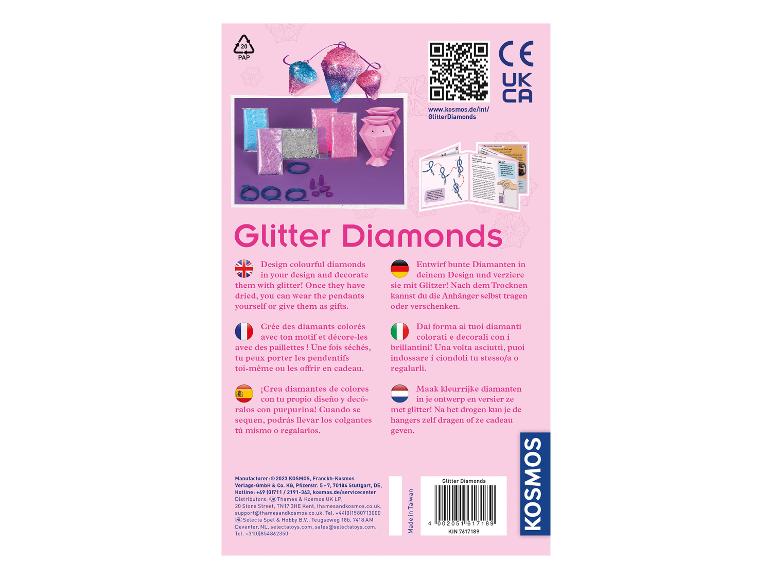 DIY glitter diamanten hangers set met instructies, glitter en mallen, om te knutselen en te dragen.