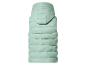 Lange mintgroene gewatteerde bodywarmer met capuchon, achterkant.