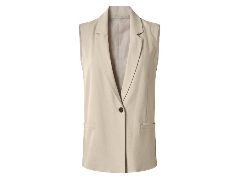 Beige mouwloze damesvest met één knoop en revers.