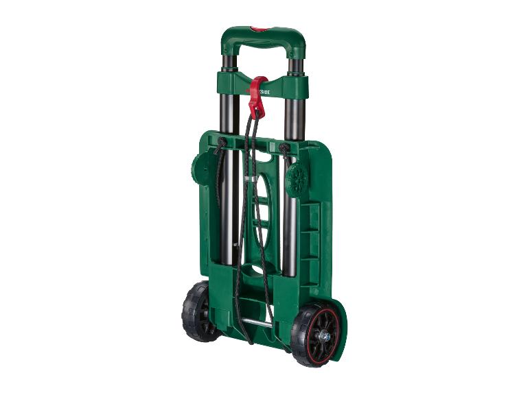 Groene opvouwbare trolley met zwarte wielen en een rood handvat.