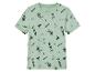 Lichtgroen kinder t-shirt met zomerprint: vuurtorens, palmen, surfplanken.