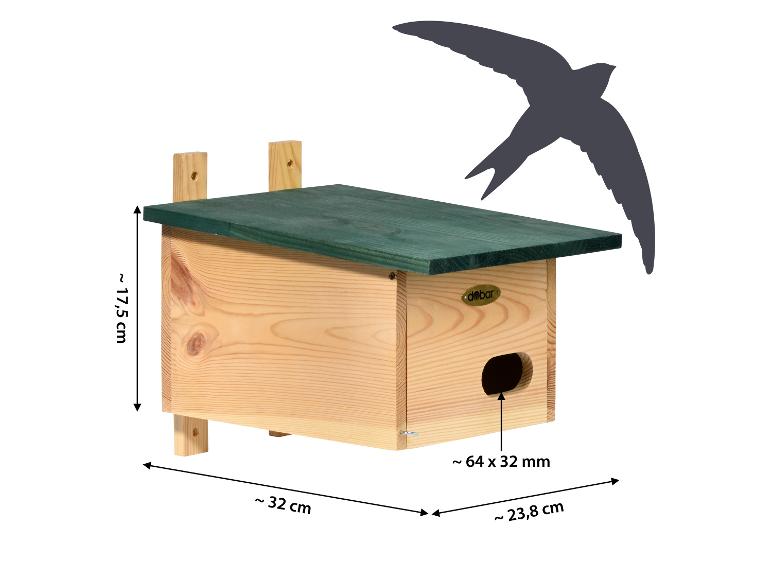 Houten vogelhuisje met groen dak en gierzwaluw silhouet, afmetingen getoond.