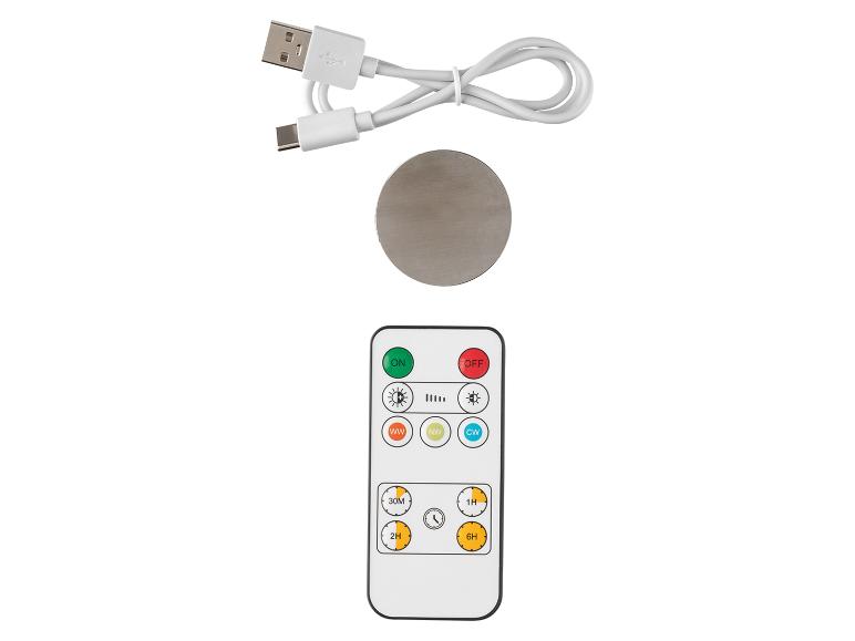 USB-oplaadkabel, magnetische metalen houder en afstandsbediening voor LED-verlichting.