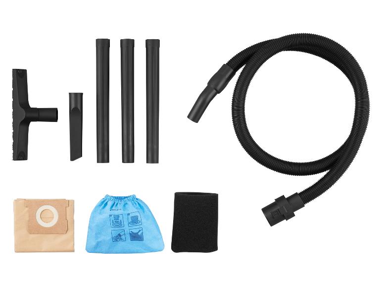 Stofzuigeraccessoires: slang, buizen, mondstukken, papieren zakken, stoffen zak en schuimfilter.