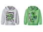 Twee Minecraft kinderhoodies: een grijze met de tekst 'READY SET CRAFT' en een groene met Creepers.