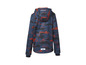 Een blauwe hoodie met camouflageprint en oranje accenten.