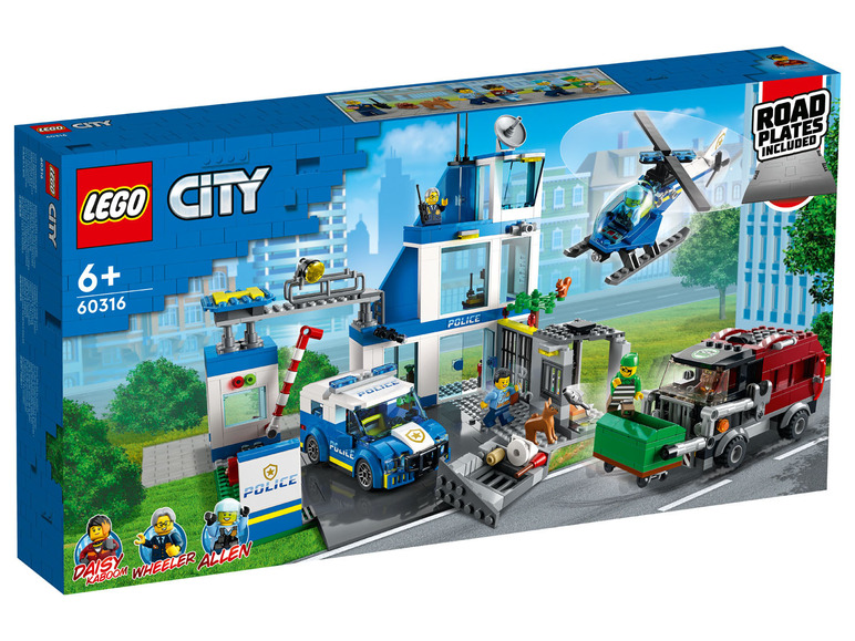 LEGO City politiecommissariaat met helikopter, politiewagen en gevangeniswagen.