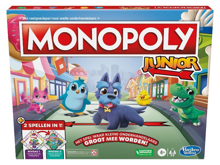 Monopoly Junior bordspel met kat, pinguïn, hond en dino
